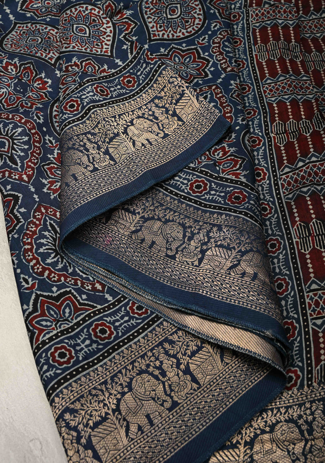Indigo Ajrakh Hand Block Print on Dola Silk Saree with Fancy Zari Border