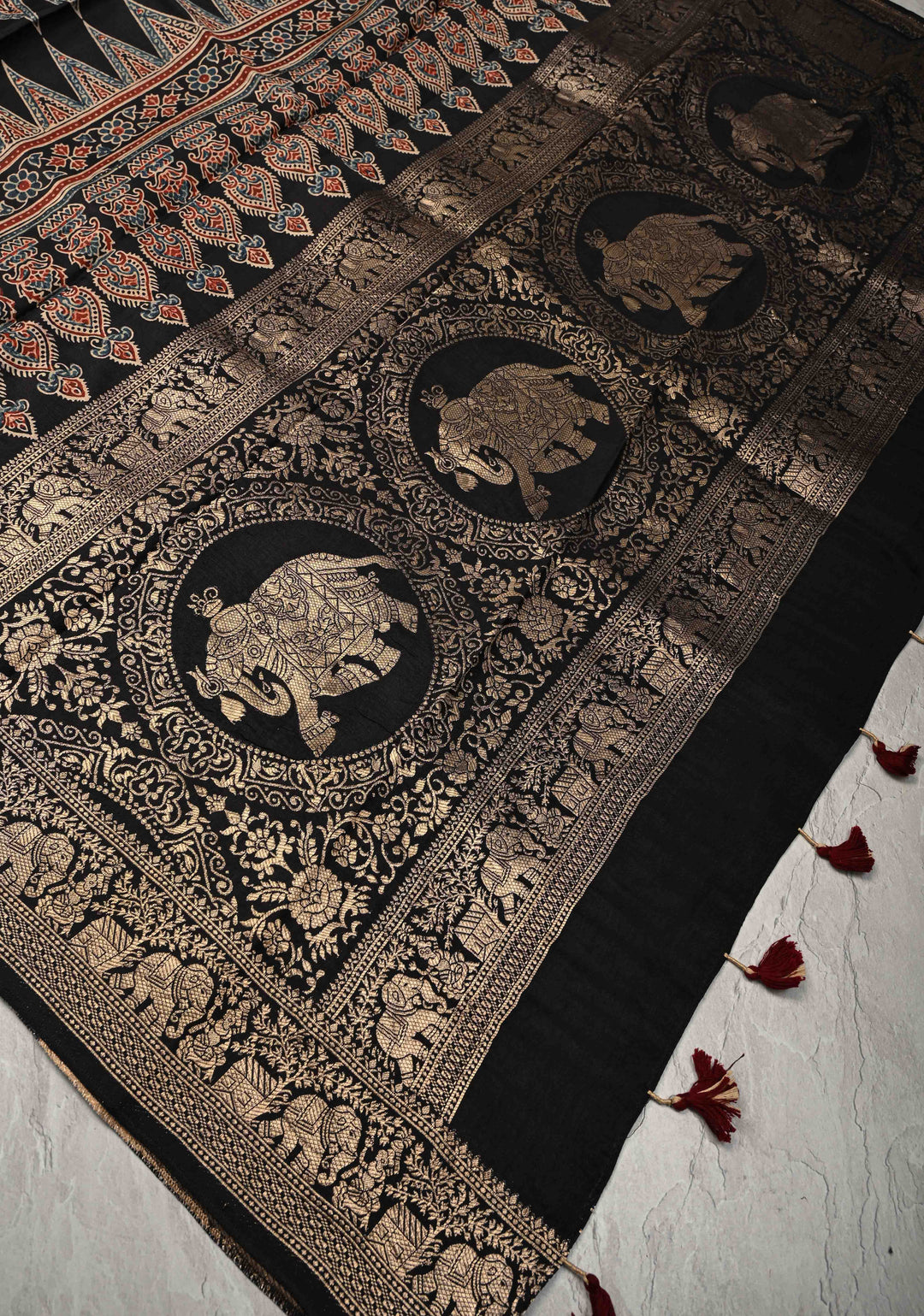 Black Ajrakh Hand Block Print on Dola Silk Saree with Fancy Zari Border
