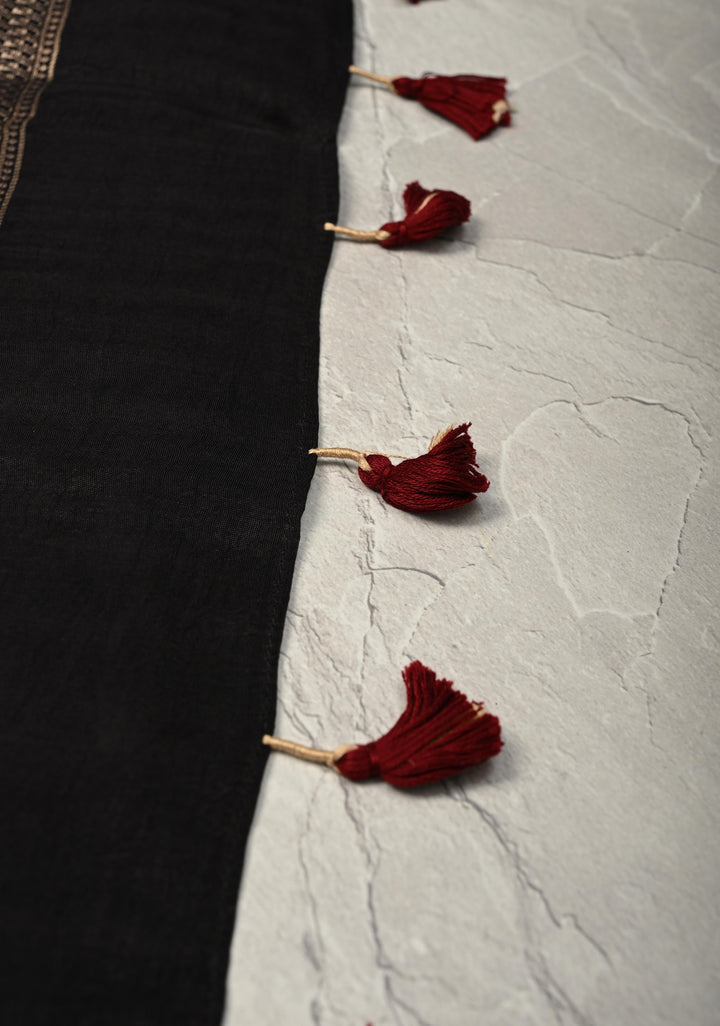 Black Ajrakh Hand Block Print on Dola Silk Saree with Fancy Zari Border