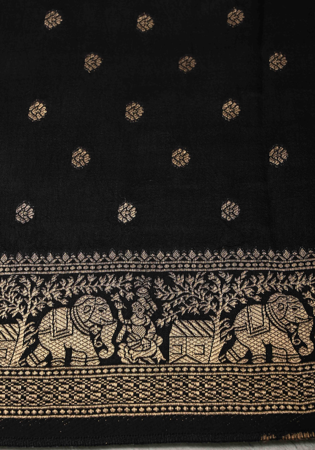 Black Ajrakh Hand Block Print on Dola Silk Saree with Fancy Zari Border