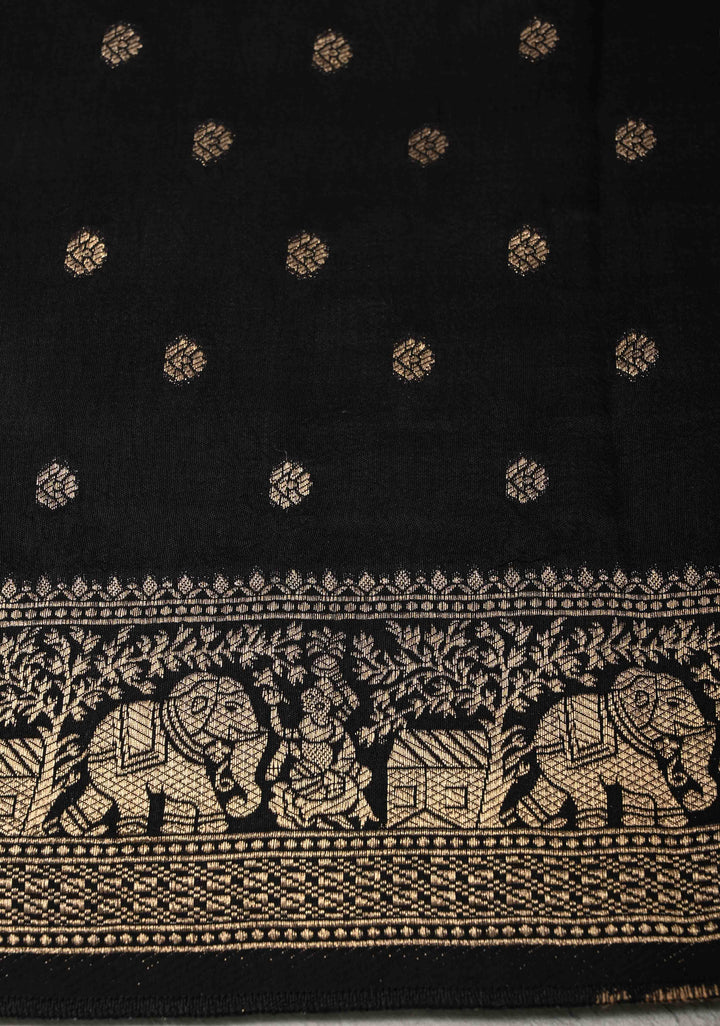 Black Ajrakh Hand Block Print on Dola Silk Saree with Fancy Zari Border