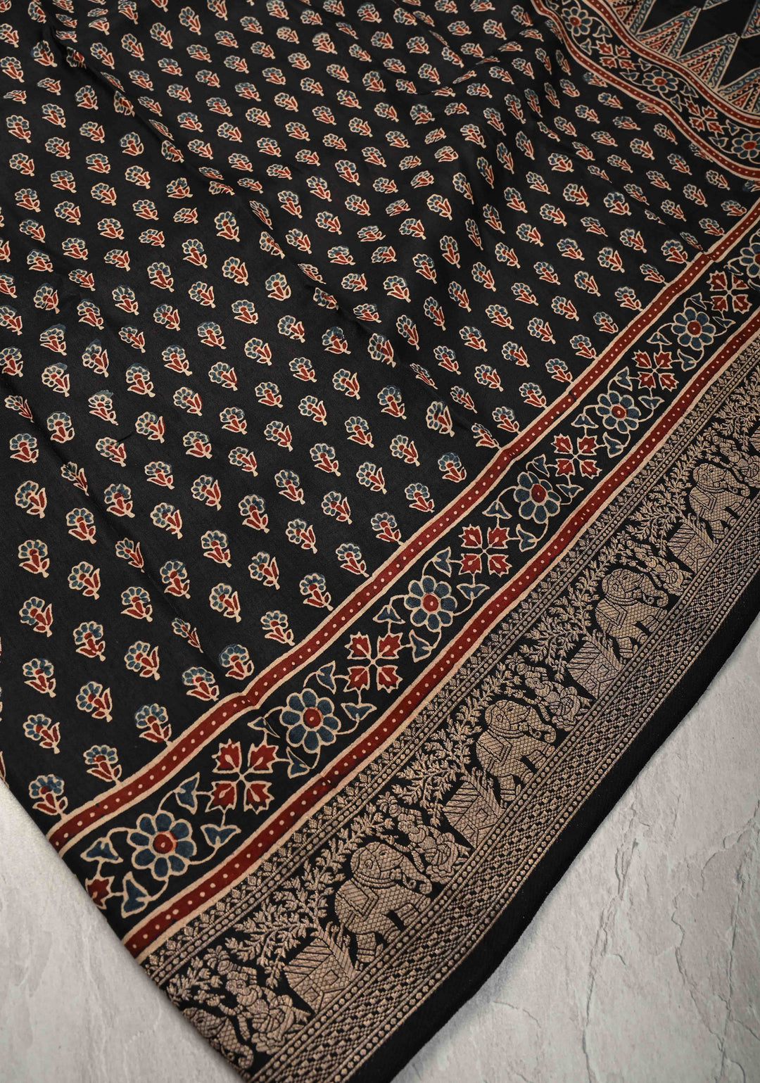 Black Ajrakh Hand Block Print on Dola Silk Saree with Fancy Zari Border