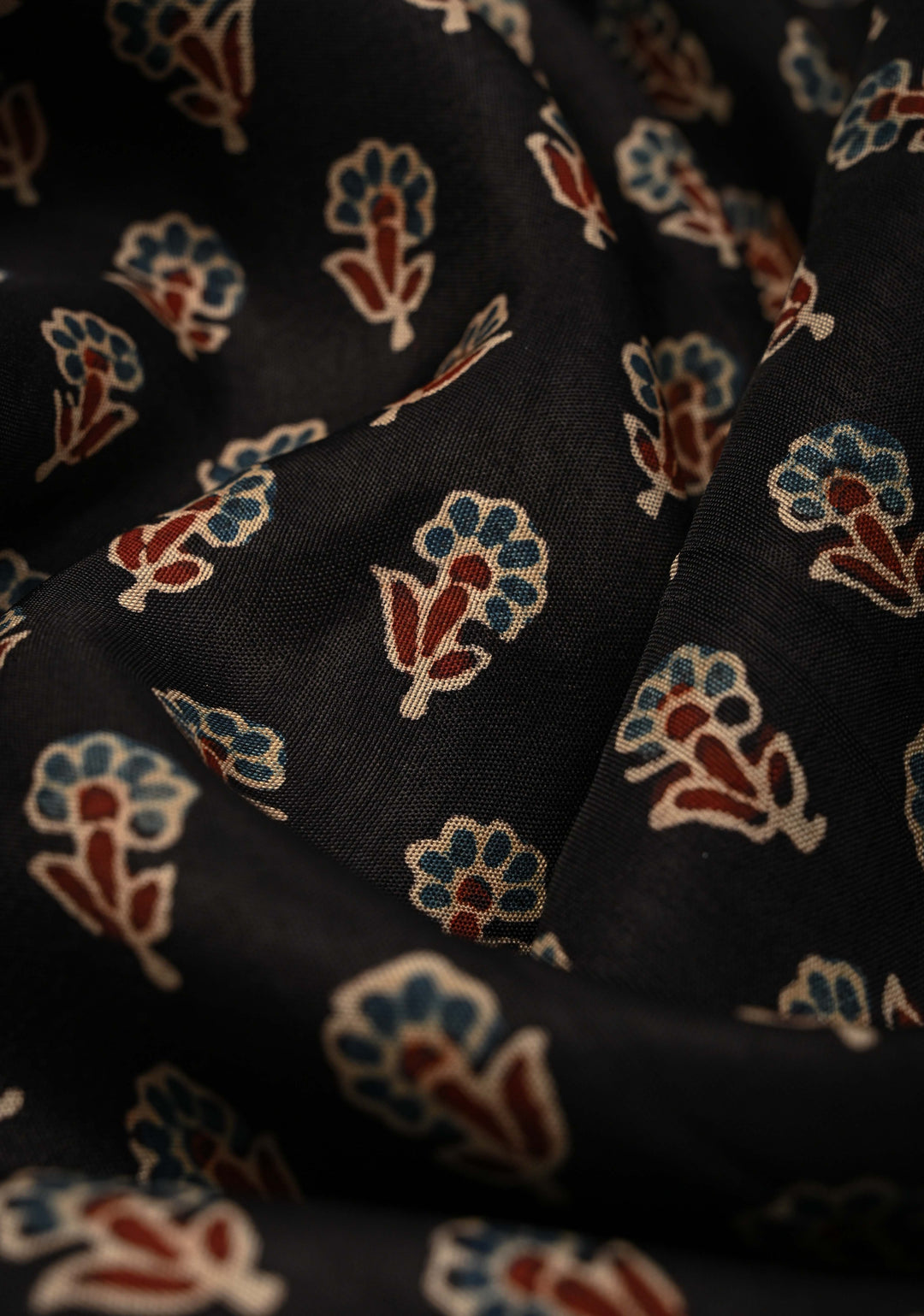 Black Ajrakh Hand Block Print on Dola Silk Saree with Fancy Zari Border