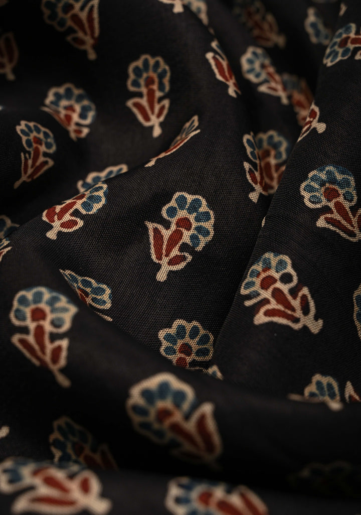 Black Ajrakh Hand Block Print on Dola Silk Saree with Fancy Zari Border