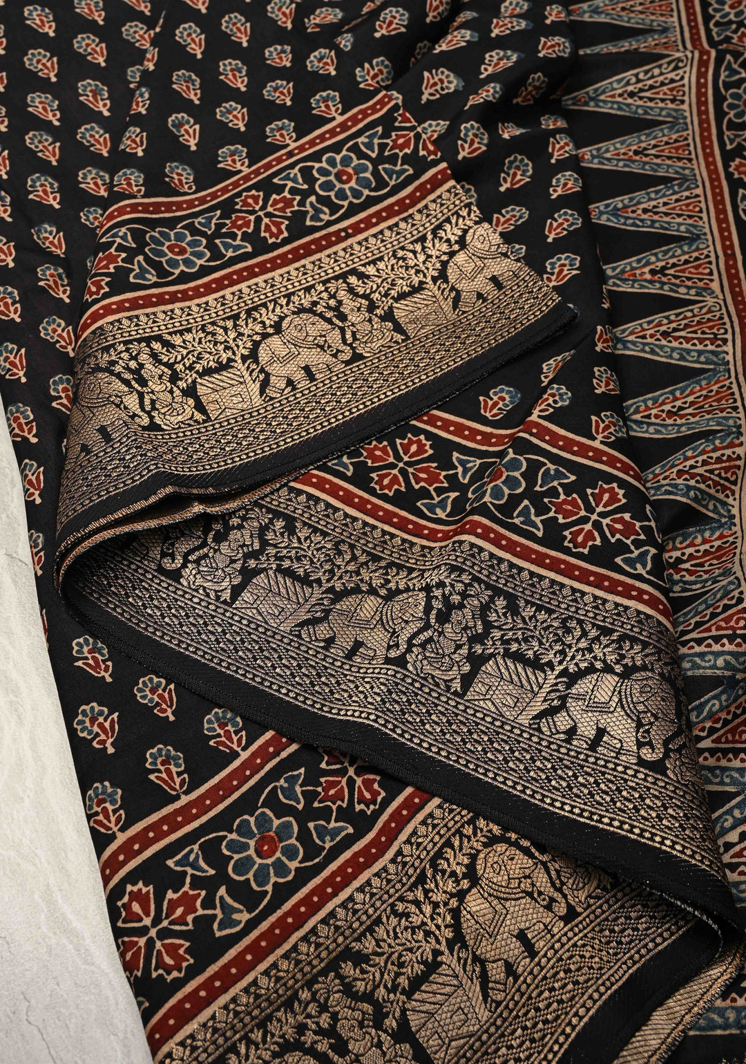 Black Ajrakh Hand Block Print on Dola Silk Saree with Fancy Zari Border