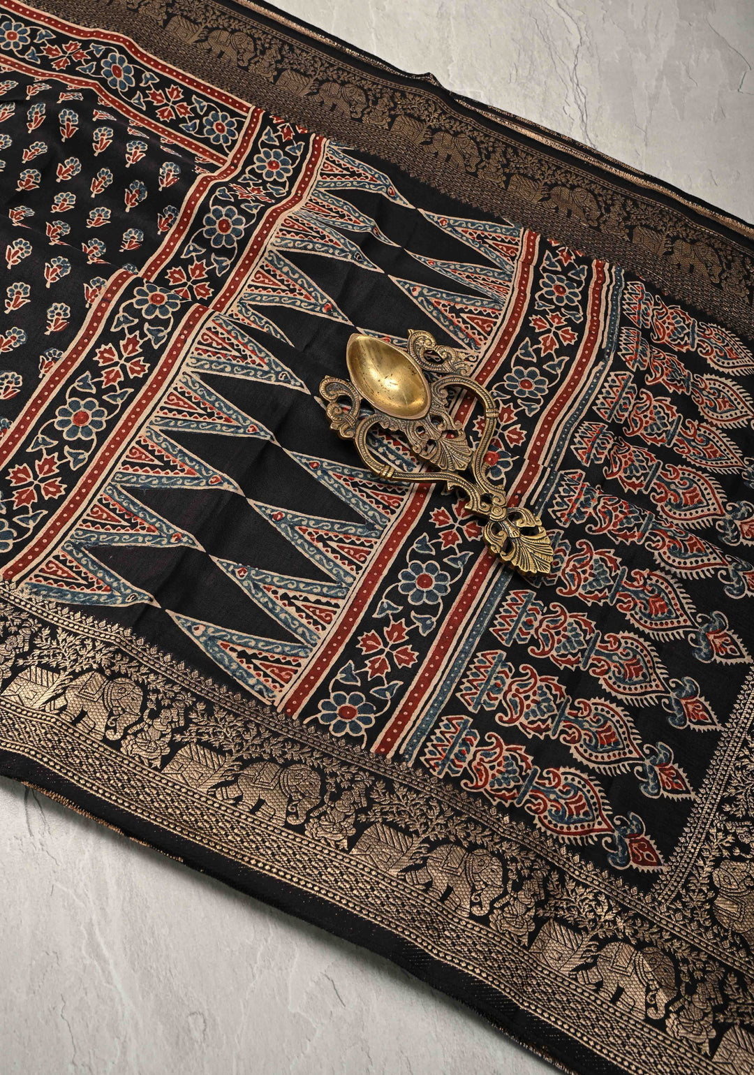 Black Ajrakh Hand Block Print on Dola Silk Saree with Fancy Zari Border