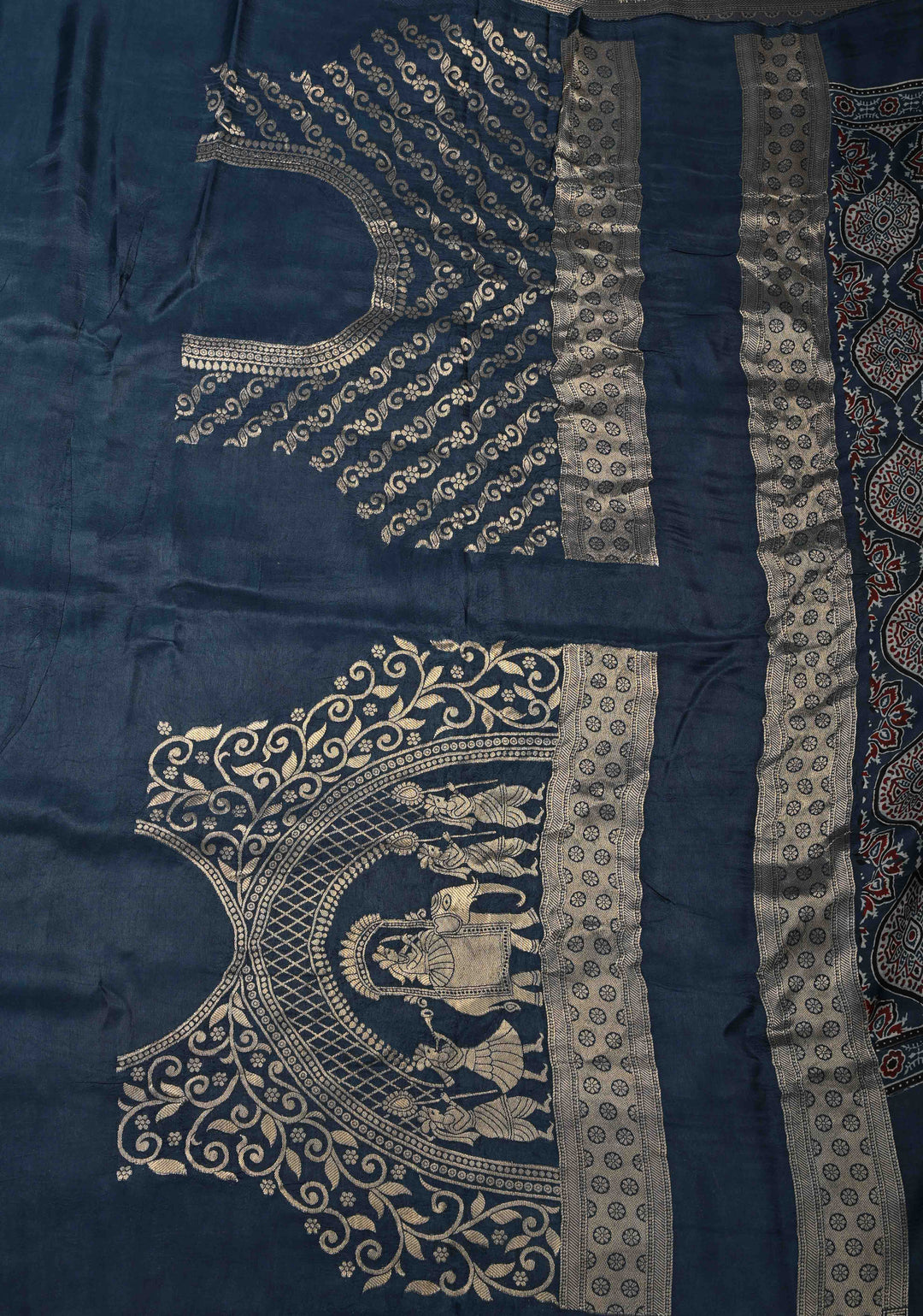 Blue Ajrakh Hand Block Print on Dola Silk Saree with Meenakari wide Zari Border