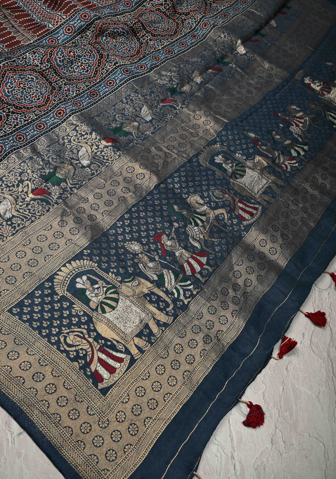 Blue Ajrakh Hand Block Print on Dola Silk Saree with Meenakari wide Zari Border