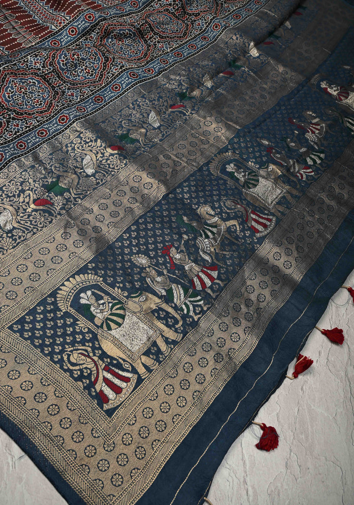 Blue Ajrakh Hand Block Print on Dola Silk Saree with Meenakari wide Zari Border
