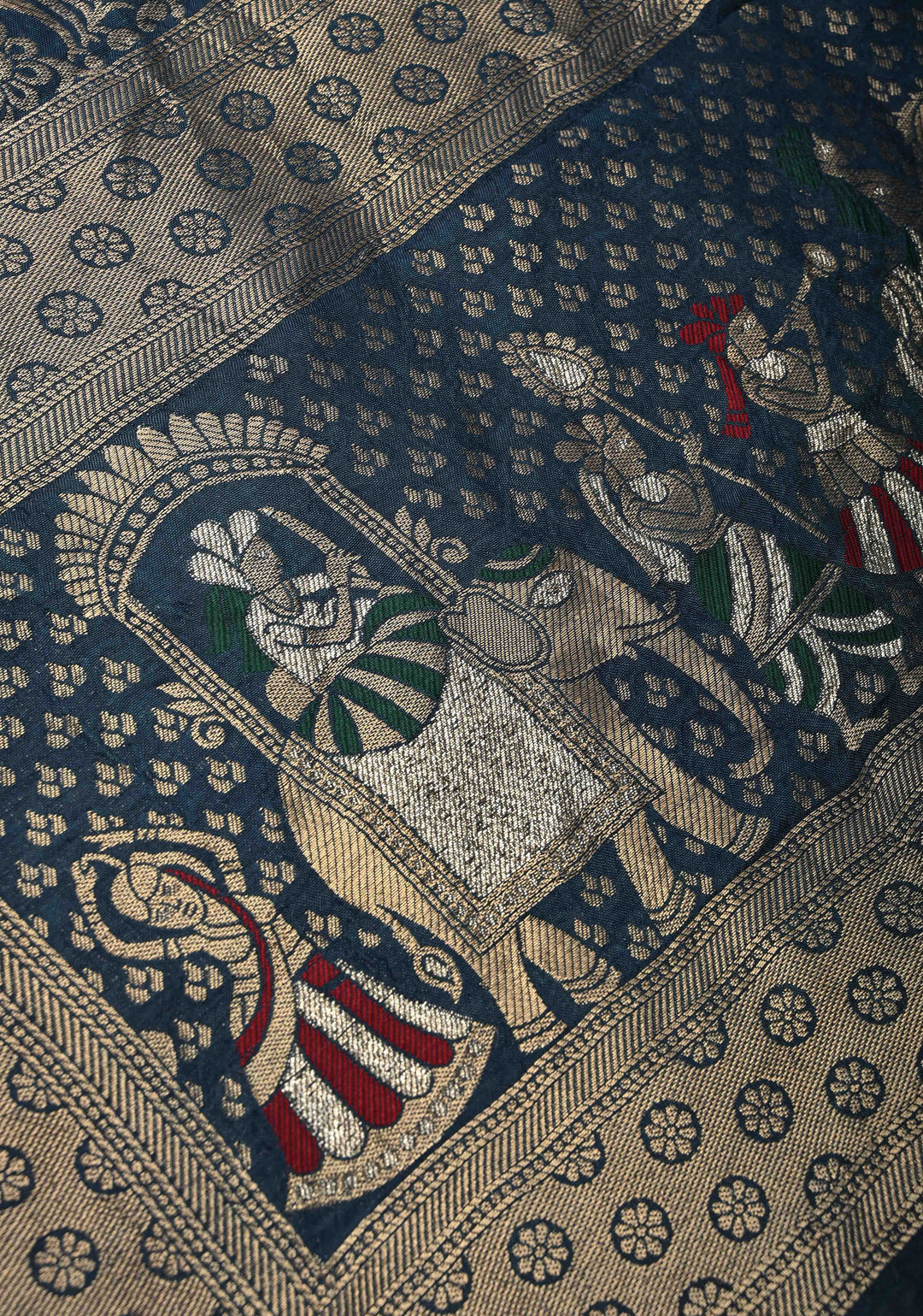 Blue Ajrakh Hand Block Print on Dola Silk Saree with Meenakari wide Zari Border