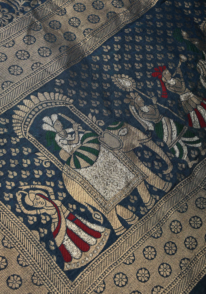 Blue Ajrakh Hand Block Print on Dola Silk Saree with Meenakari wide Zari Border
