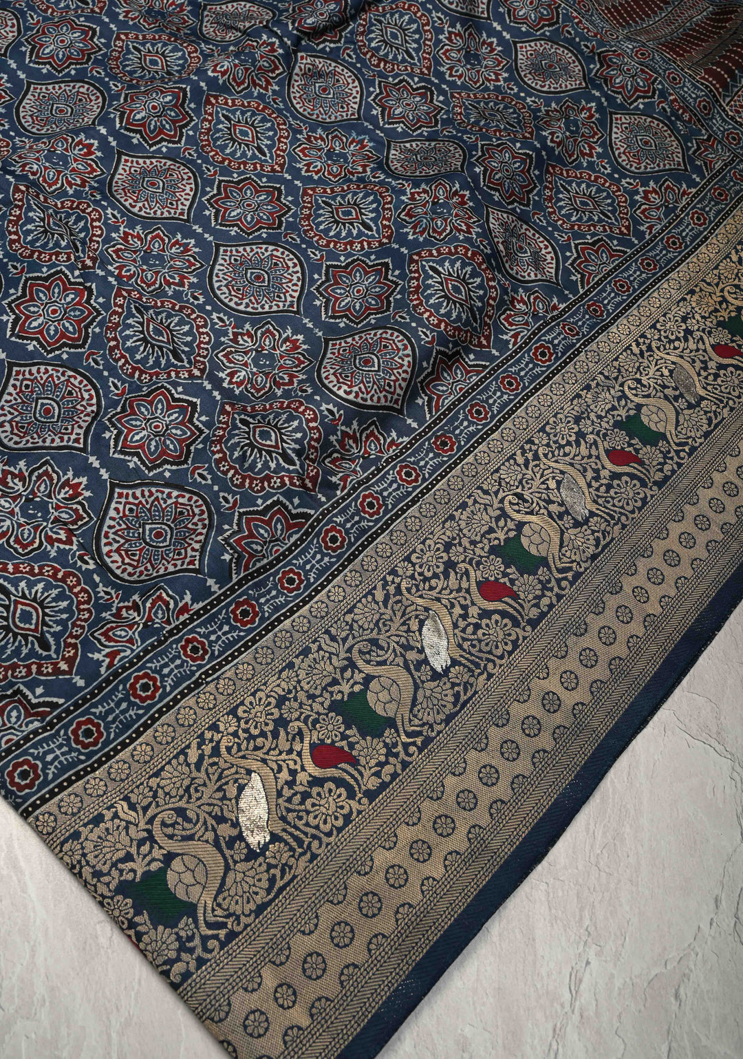 Blue Ajrakh Hand Block Print on Dola Silk Saree with Meenakari wide Zari Border
