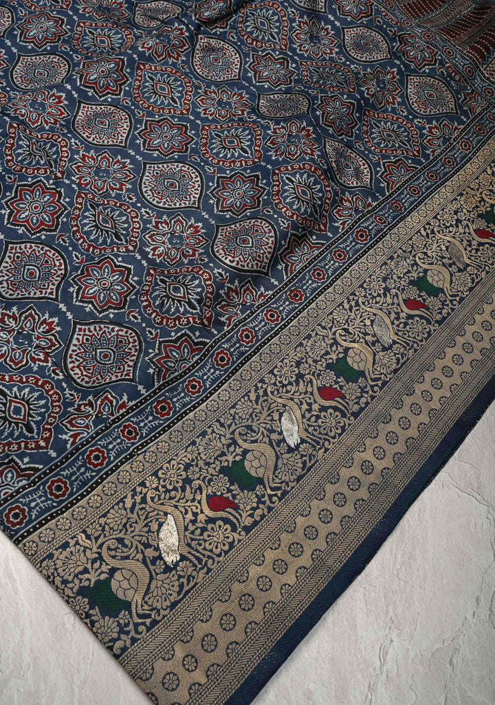 Blue Ajrakh Hand Block Print on Dola Silk Saree with Meenakari wide Zari Border