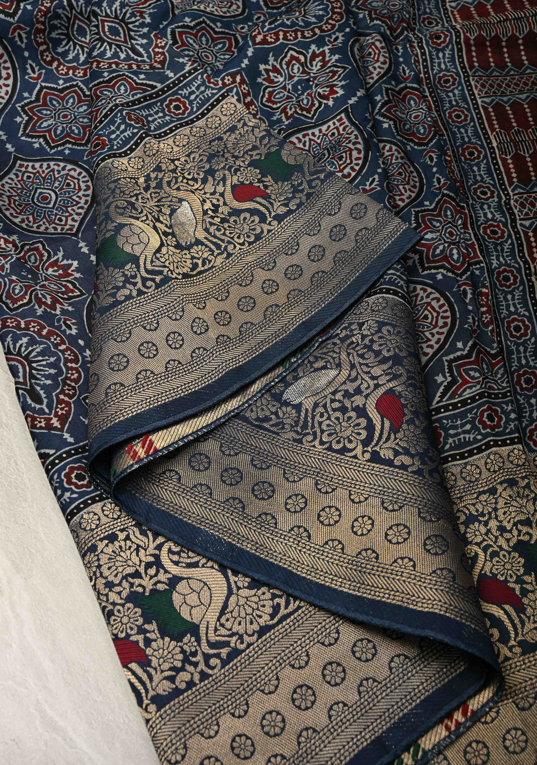 Blue Ajrakh Hand Block Print on Dola Silk Saree with Meenakari wide Zari Border