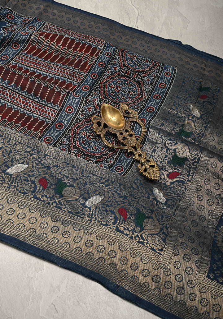 Blue Ajrakh Hand Block Print on Dola Silk Saree with Meenakari wide Zari Border