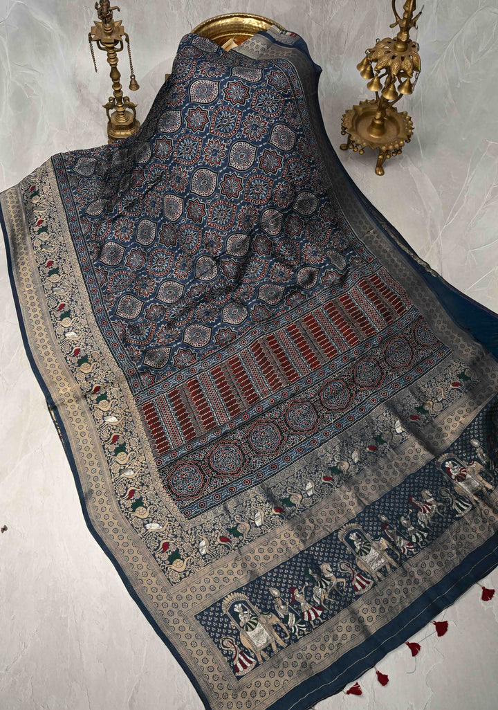 Blue Ajrakh Hand Block Print on Dola Silk Saree with Meenakari wide Zari Border