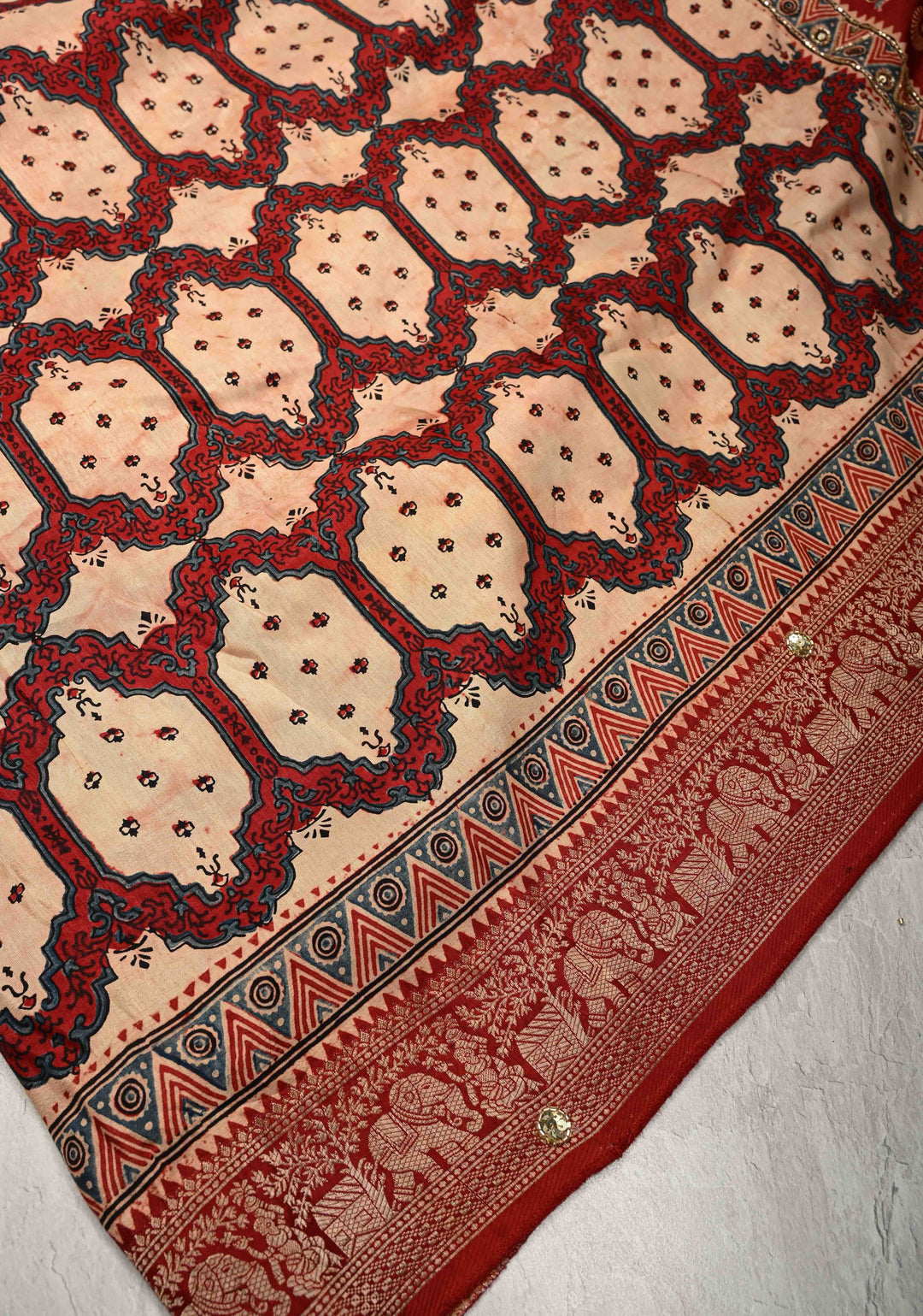 Red Ajrakh Hand Block Print on Dola Silk Saree with Cutdana-Sequins and Mirror Work Hand embroidery