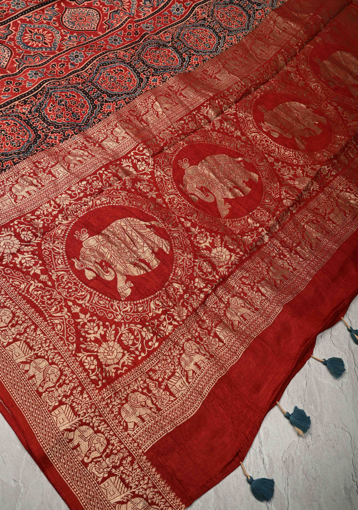 Blue Red  Trellis Pattern Ajrakh Hand Block Print on Dola Silk Saree with Fancy Zari Border