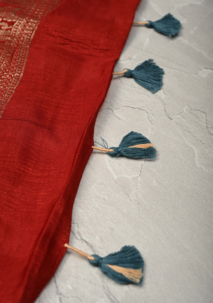 Blue Red  Trellis Pattern Ajrakh Hand Block Print on Dola Silk Saree with Fancy Zari Border