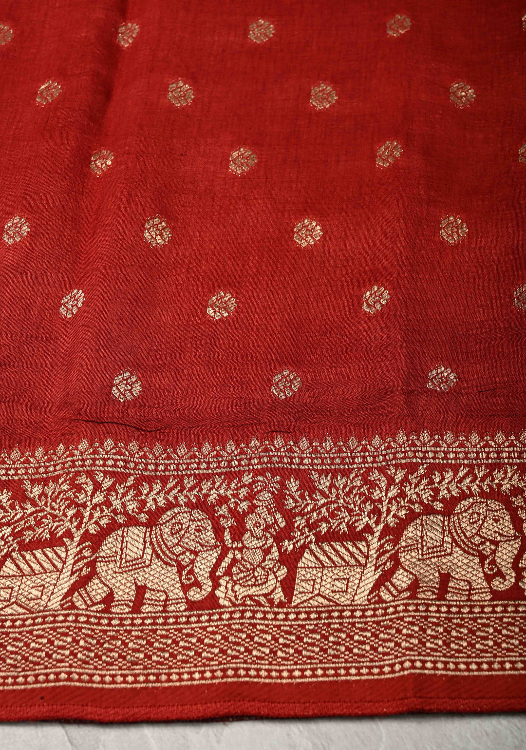 Blue Red  Trellis Pattern Ajrakh Hand Block Print on Dola Silk Saree with Fancy Zari Border