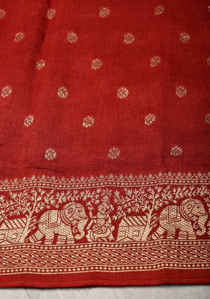 Blue Red  Trellis Pattern Ajrakh Hand Block Print on Dola Silk Saree with Fancy Zari Border