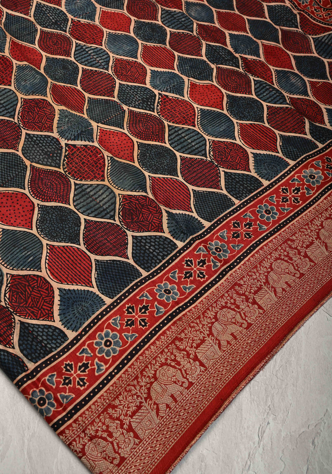 Blue Red  Trellis Pattern Ajrakh Hand Block Print on Dola Silk Saree with Fancy Zari Border