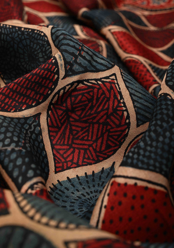 Blue Red  Trellis Pattern Ajrakh Hand Block Print on Dola Silk Saree with Fancy Zari Border