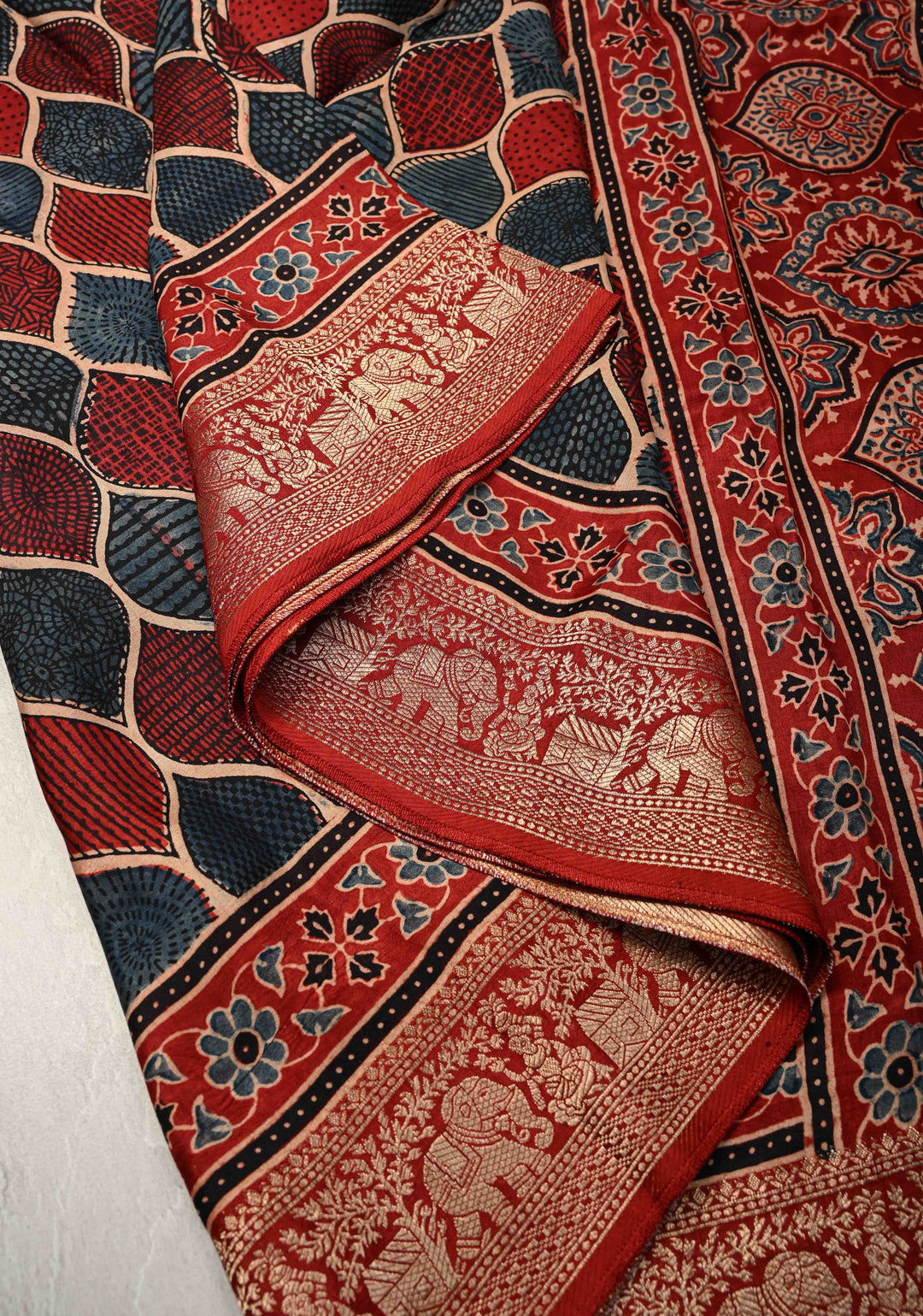 Blue Red  Trellis Pattern Ajrakh Hand Block Print on Dola Silk Saree with Fancy Zari Border