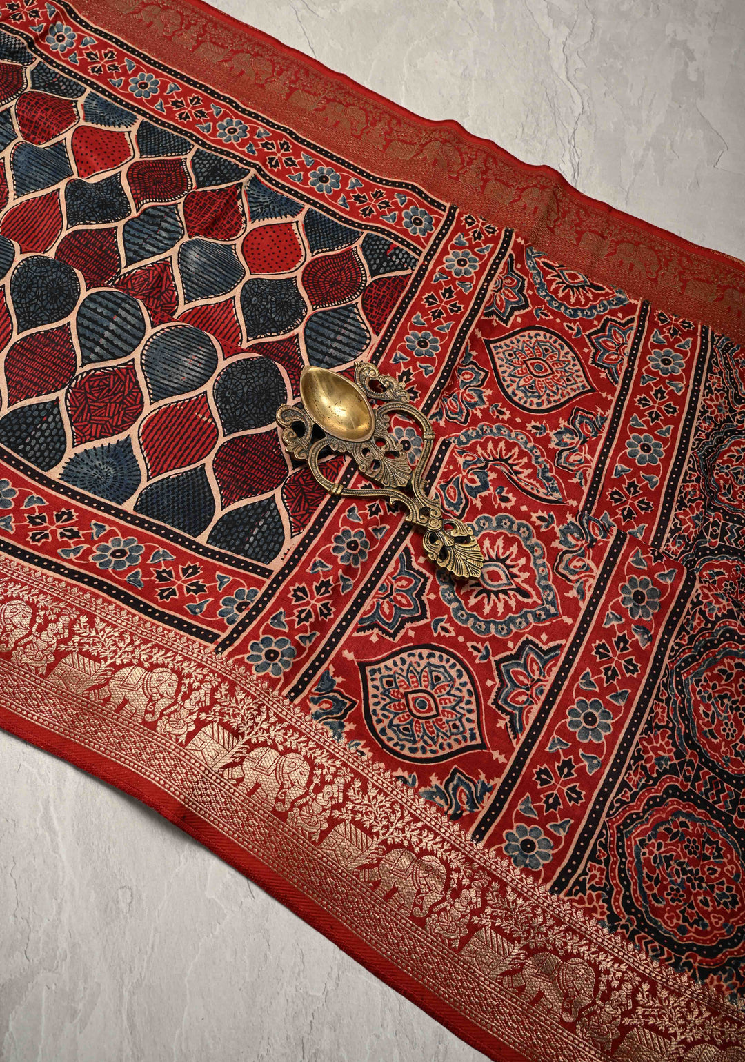 Blue Red  Trellis Pattern Ajrakh Hand Block Print on Dola Silk Saree with Fancy Zari Border