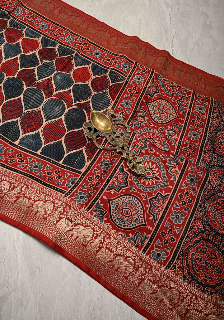 Blue Red  Trellis Pattern Ajrakh Hand Block Print on Dola Silk Saree with Fancy Zari Border