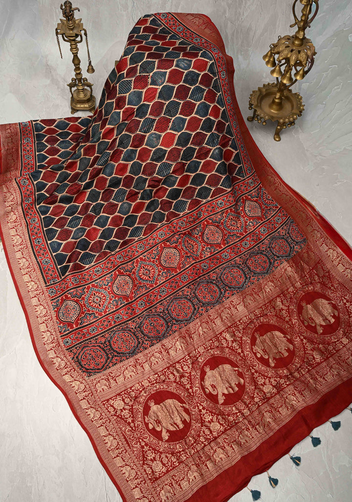 Blue Red  Trellis Pattern Ajrakh Hand Block Print on Dola Silk Saree with Fancy Zari Border