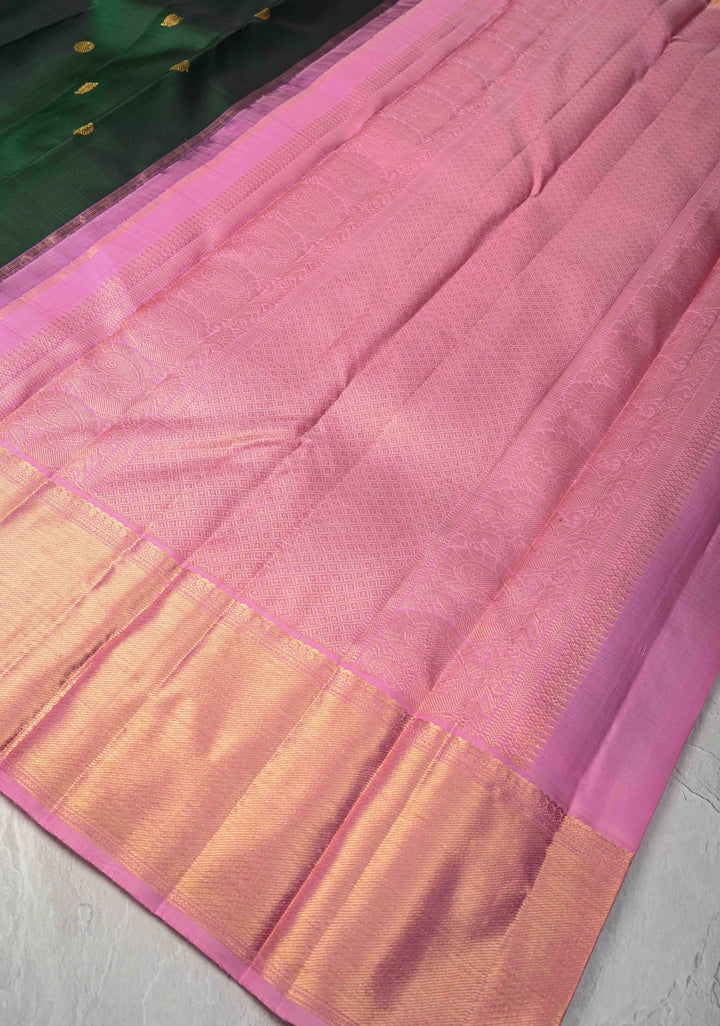 Dark Green Korvai Kanjivaram Pure Silk Saree with Zari Buttas and Contrast Zari Border | SILK MARK CERTIFIED