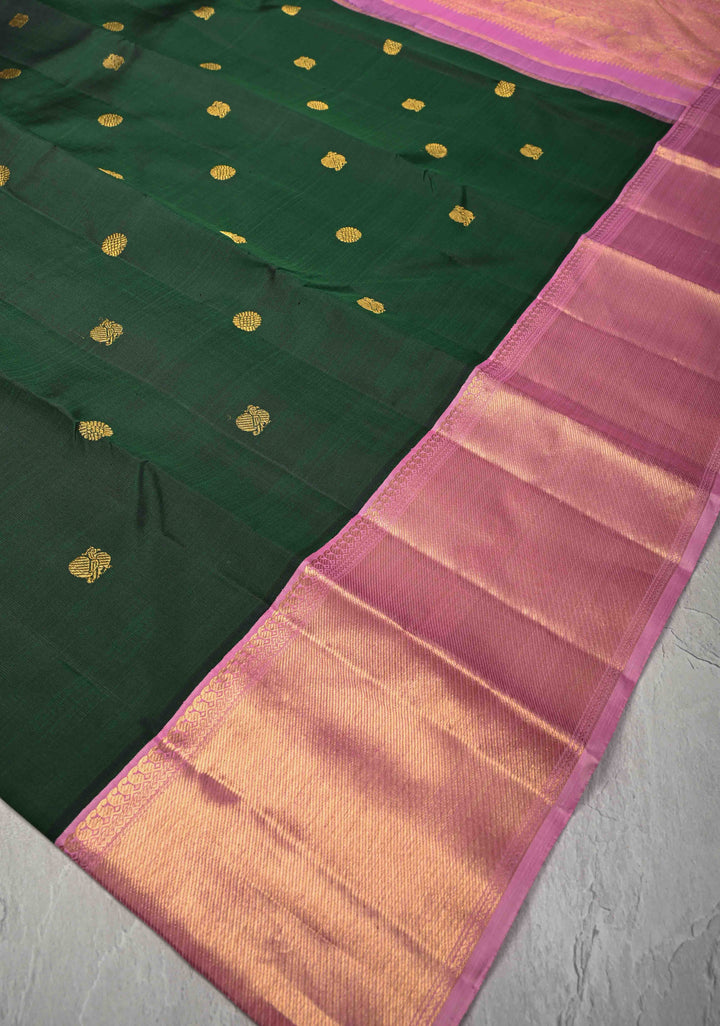 Dark Green Korvai Kanjivaram Pure Silk Saree with Zari Buttas and Contrast Zari Border | SILK MARK CERTIFIED