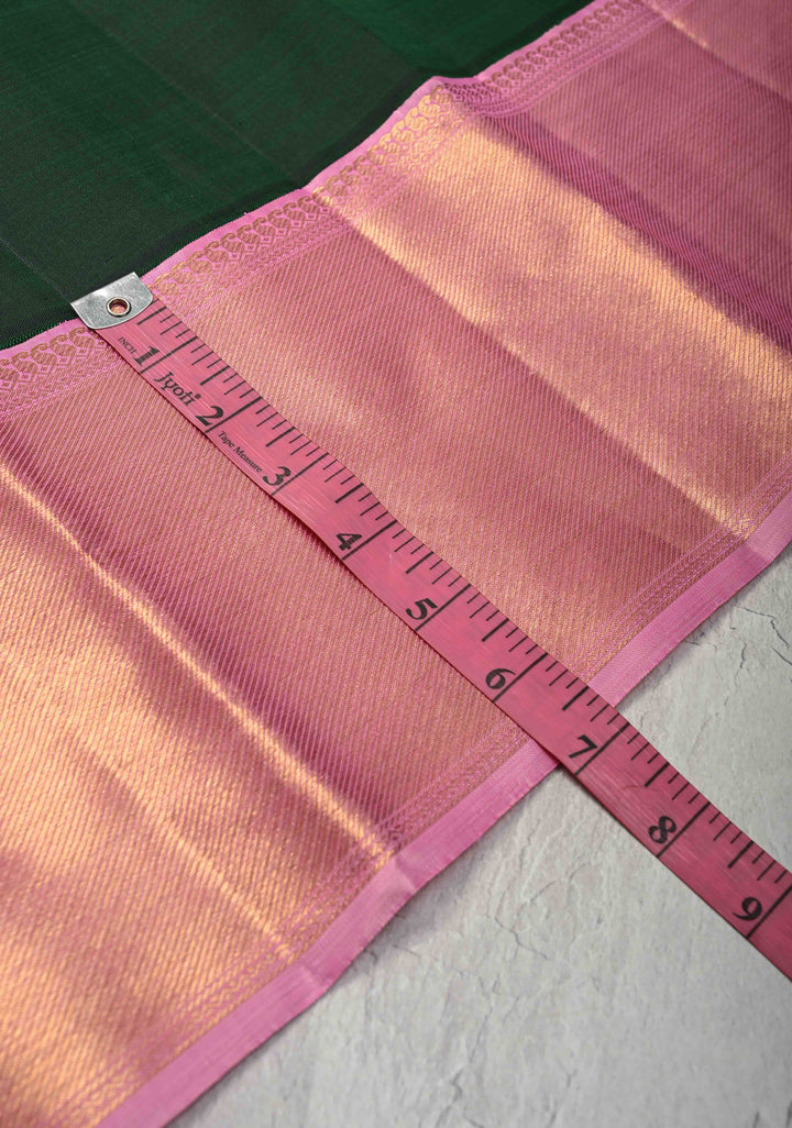 Dark Green Korvai Kanjivaram Pure Silk Saree with Zari Buttas and Contrast Zari Border | SILK MARK CERTIFIED