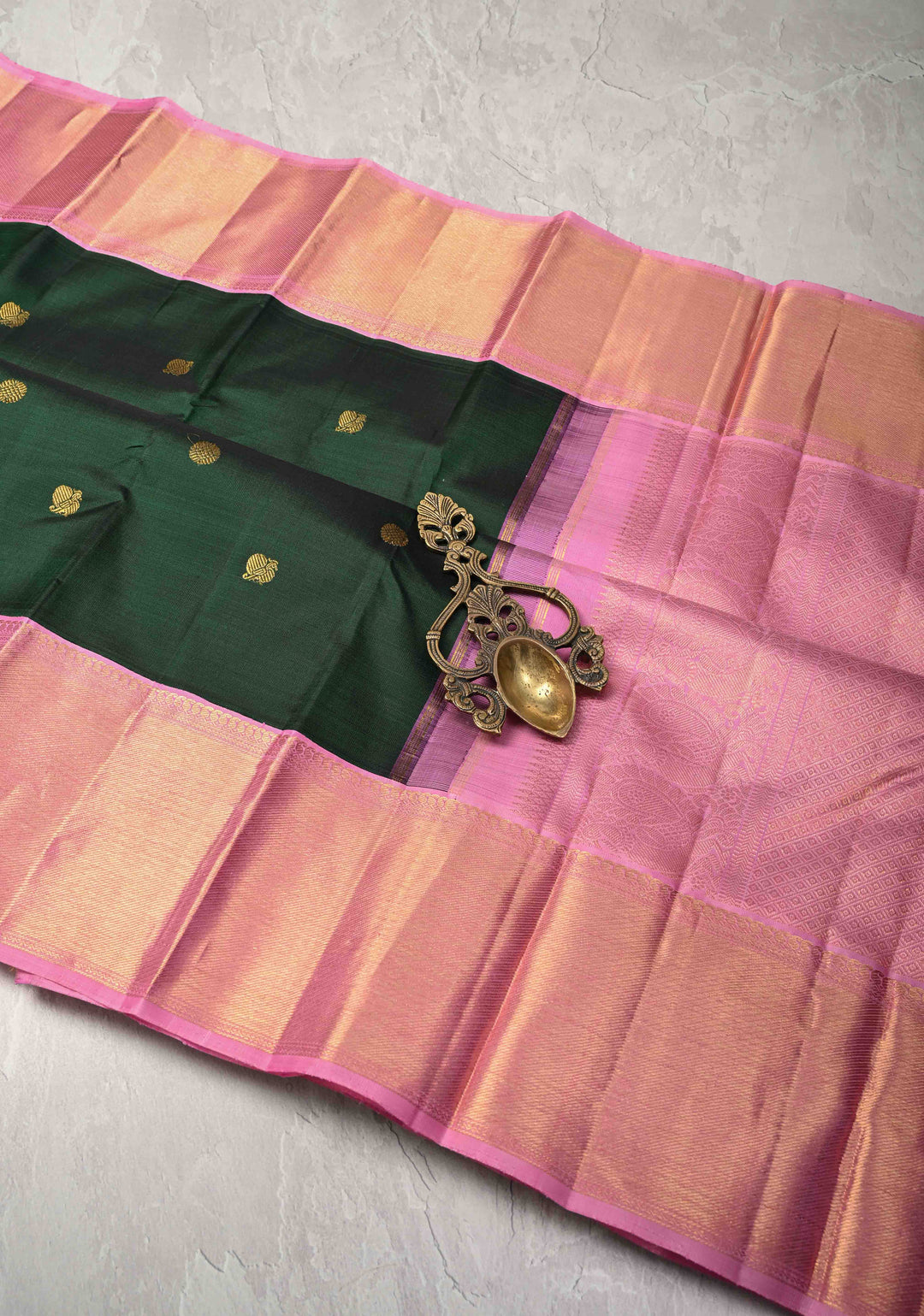 Dark Green Korvai Kanjivaram Pure Silk Saree with Zari Buttas and Contrast Zari Border | SILK MARK CERTIFIED
