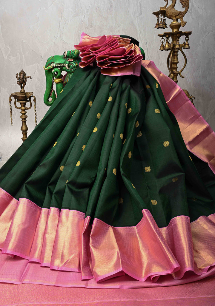 Dark Green Korvai Kanjivaram Pure Silk Saree with Zari Buttas and Contrast Zari Border | SILK MARK CERTIFIED