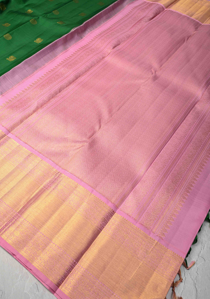 Green Korvai Kanjivaram Pure Silk Saree with Zari Buttas and Contrast Wide Dusty Pink Zari Border | SILK MARK CERTIFIED