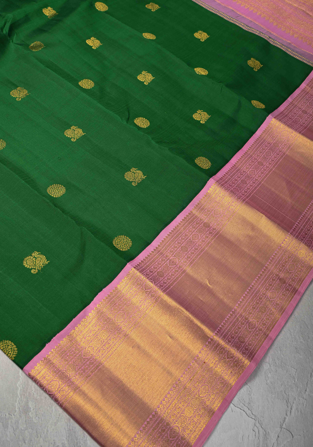 Green Korvai Kanjivaram Pure Silk Saree with Zari Buttas and Contrast Wide Dusty Pink Zari Border | SILK MARK CERTIFIED