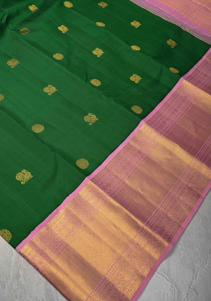 Green Korvai Kanjivaram Pure Silk Saree with Zari Buttas and Contrast Wide Dusty Pink Zari Border | SILK MARK CERTIFIED
