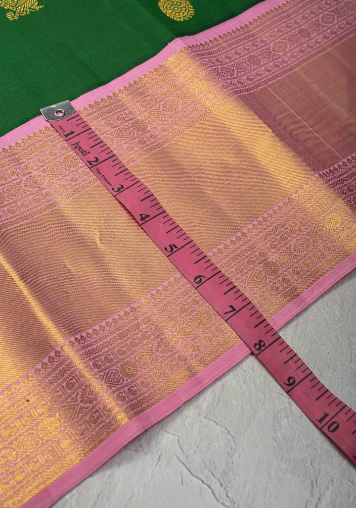 Green Korvai Kanjivaram Pure Silk Saree with Zari Buttas and Contrast Wide Dusty Pink Zari Border | SILK MARK CERTIFIED