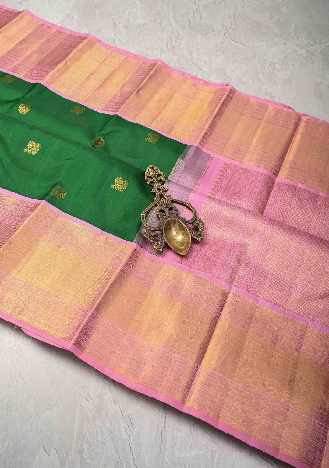 Green Korvai Kanjivaram Pure Silk Saree with Zari Buttas and Contrast Wide Dusty Pink Zari Border | SILK MARK CERTIFIED