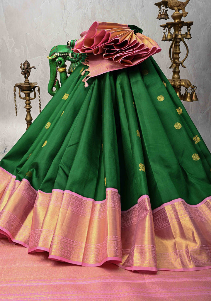 Green Korvai Kanjivaram Pure Silk Saree with Zari Buttas and Contrast Wide Dusty Pink Zari Border | SILK MARK CERTIFIED