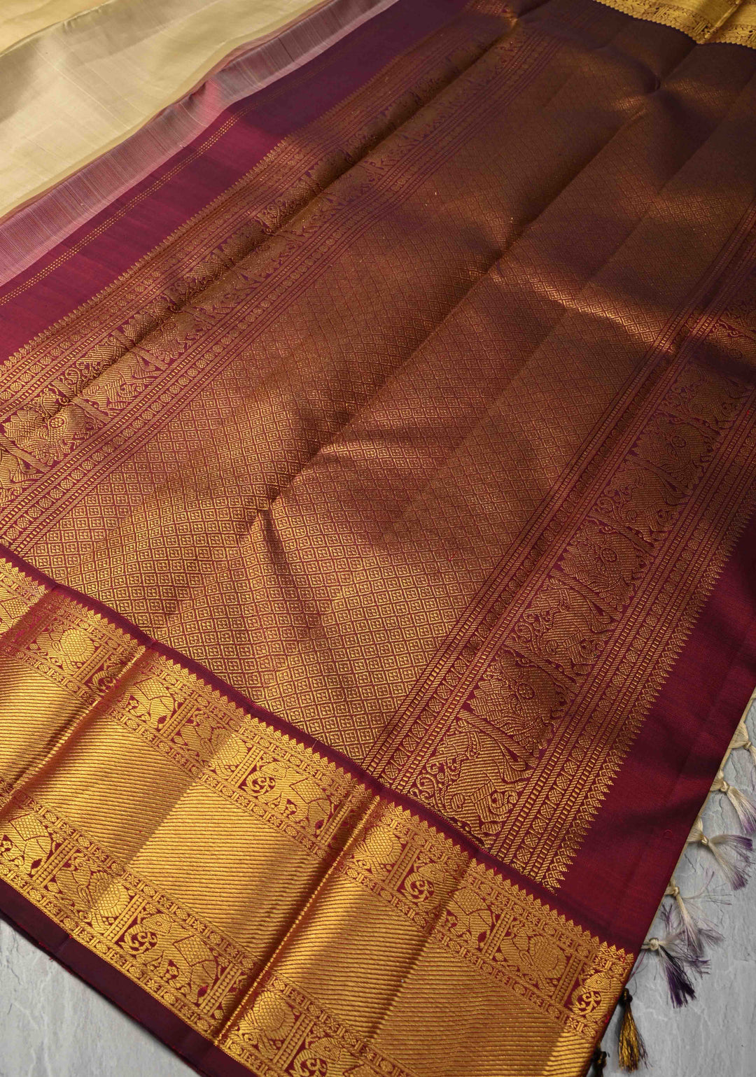 Korvai Weave Offwhite Kanjivaram Pure Silk Saree with Deep Maroon Contrast Zari Border | SILK MARK CERTIFIED