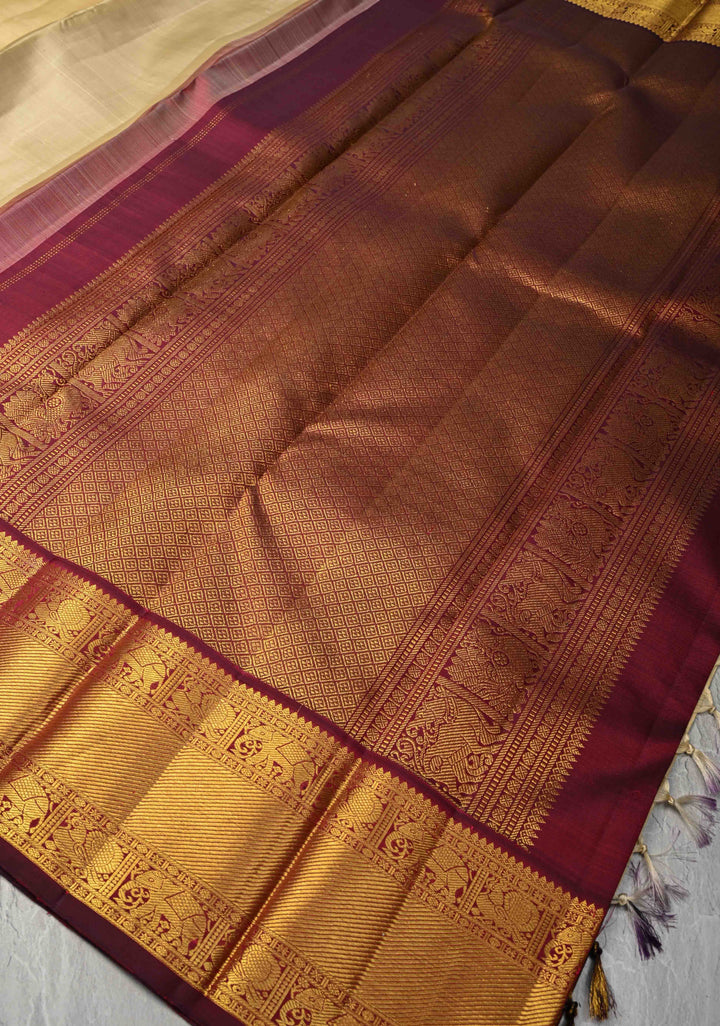 Korvai Weave Offwhite Kanjivaram Pure Silk Saree with Deep Maroon Contrast Zari Border | SILK MARK CERTIFIED