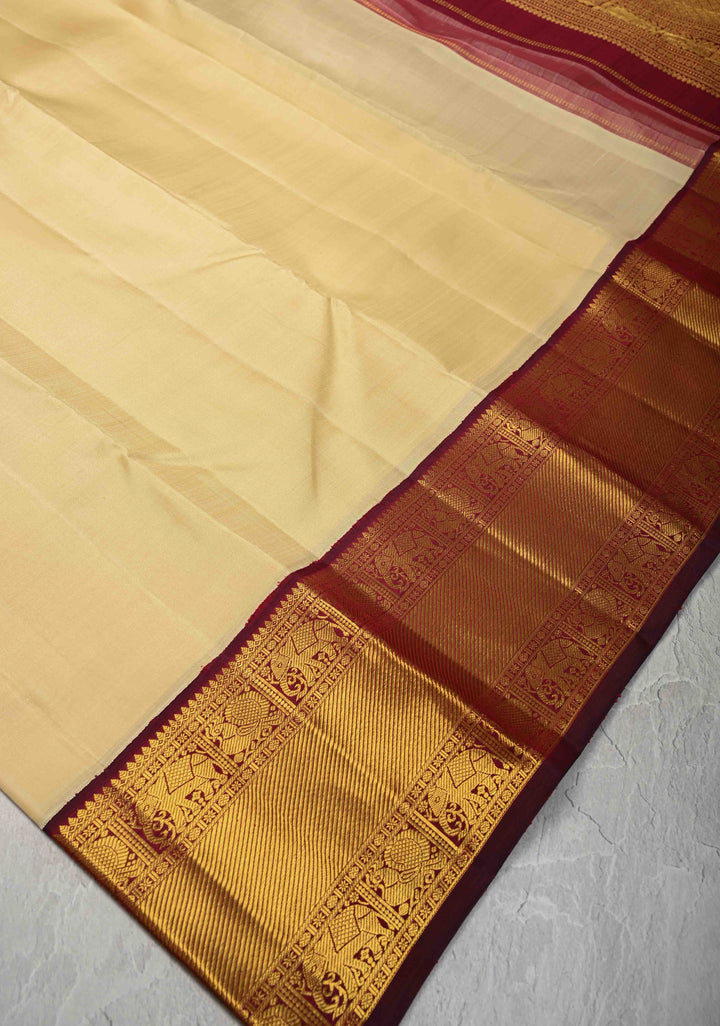 Korvai Weave Offwhite Kanjivaram Pure Silk Saree with Deep Maroon Contrast Zari Border | SILK MARK CERTIFIED
