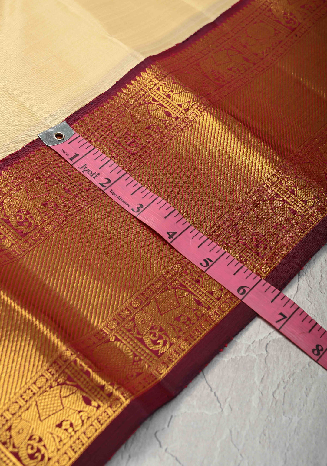 Korvai Weave Offwhite Kanjivaram Pure Silk Saree with Deep Maroon Contrast Zari Border | SILK MARK CERTIFIED