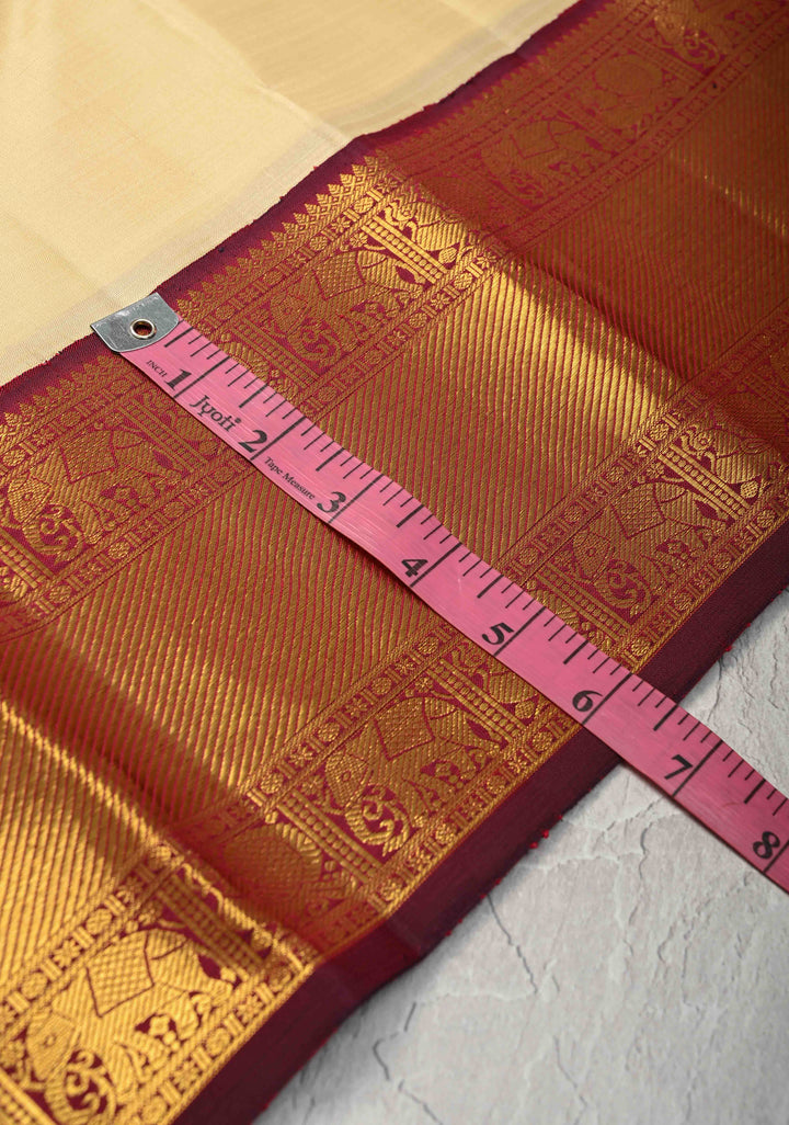 Korvai Weave Offwhite Kanjivaram Pure Silk Saree with Deep Maroon Contrast Zari Border | SILK MARK CERTIFIED
