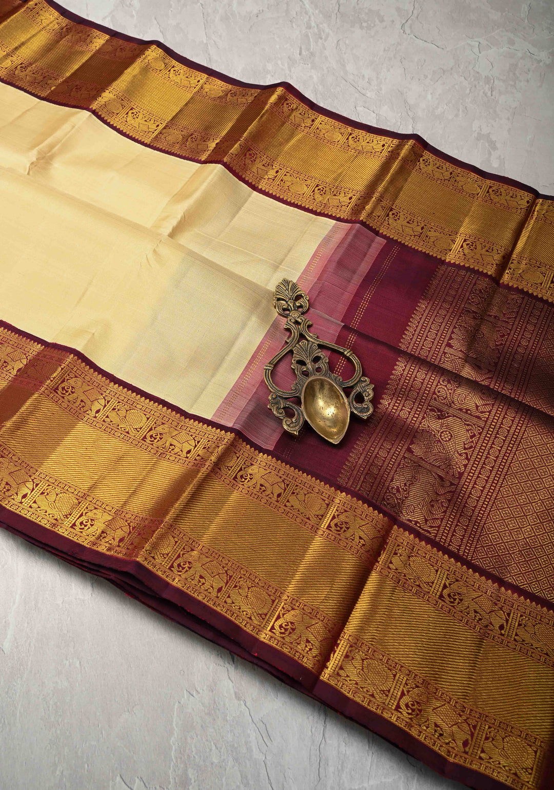 Korvai Weave Offwhite Kanjivaram Pure Silk Saree with Deep Maroon Contrast Zari Border | SILK MARK CERTIFIED