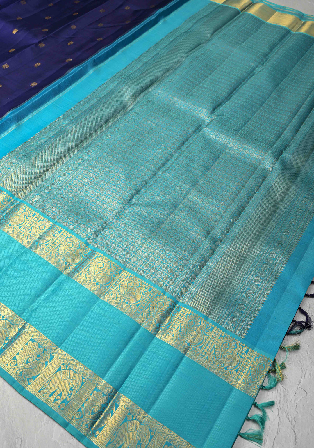 Korvai Dark Indigo Kanjivaram Pure Silk Saree with Zari Buttas and Contrast Rettaipet Border | SILK MARK CERTIFIED