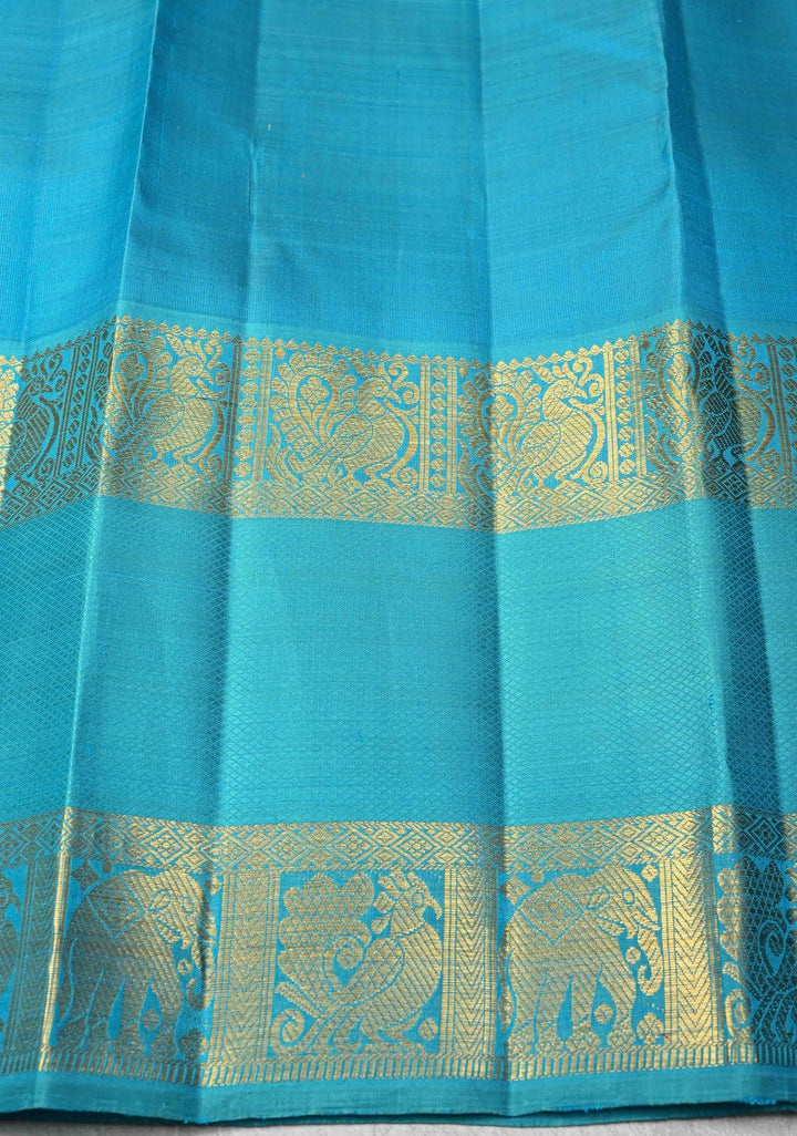 Korvai Dark Indigo Kanjivaram Pure Silk Saree with Zari Buttas and Contrast Rettaipet Border | SILK MARK CERTIFIED